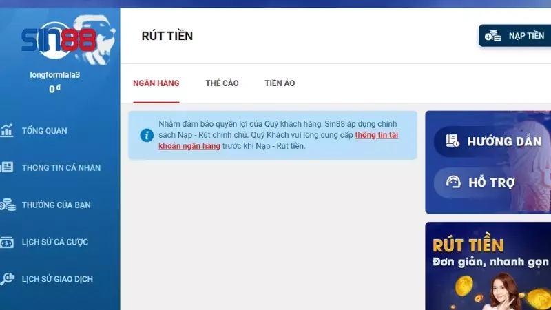Quy trình rút tiền Sin88 nhanh chóng
